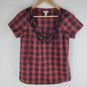 J Crew Eliza Silk Blouse Top Necklace Tartan Short Sleeve Red Size 2